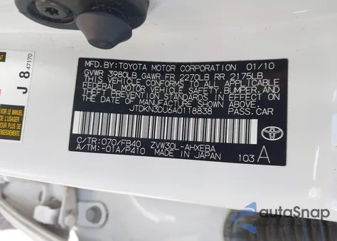 2010 Toyota Prius I/Ii/Iii/Iv/V из США, поврежденный, VIN JTDKN3DU6A0118838